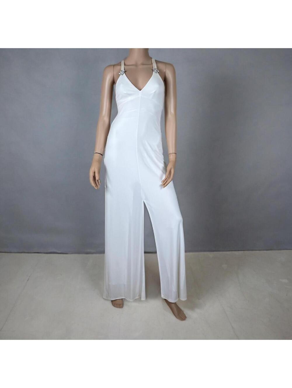 BCBG White Crystal Jewel Slit Halter Evening Formal Gown Maxi Dress